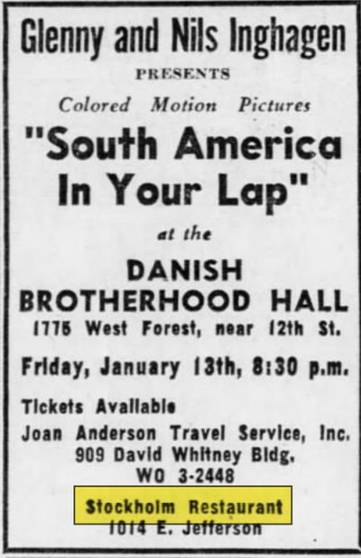 Stockholm Restaurant (Playboy Club, Skandia) - Jan 1950 Ad (newer photo)